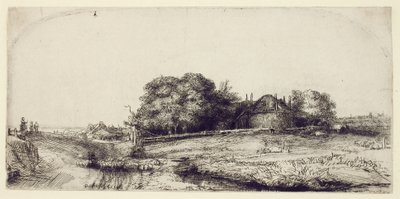 Maisema heinäparun ja lammaslauman kanssa, n. 1652 (etsaus ja kuivakärki paperille) tekijältä Rembrandt van Rijn