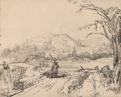 Maisema urheilijan ja koiran kanssa, c. 1653. tekijältä Rembrandt van Rijn