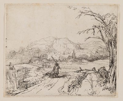 Maisema urheilijan ja koirien kanssa tekijältä Rembrandt van Rijn