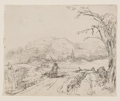 Maisema, jossa on urheilija ja koiria tekijältä Rembrandt van Rijn