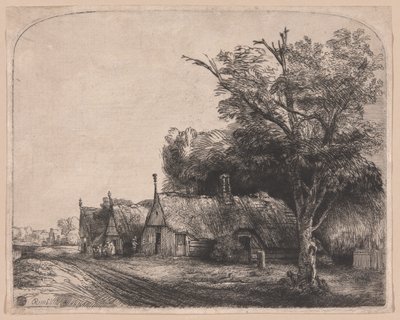 Maisema, jossa on kolme päätymökkiä tien varrella tekijältä Rembrandt van Rijn