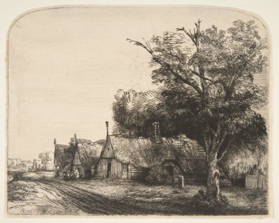 Maisema, jossa on kolme päätymökkiä tien varrella, 1650. tekijältä Rembrandt van Rijn