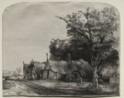 Maisema, jossa on kolme päätymajaa tien varrella, 1650. tekijältä Rembrandt van Rijn