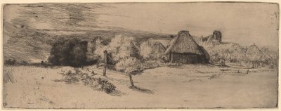 Maisema puita, maatilarakennuksia ja tornia tekijältä Rembrandt van Rijn
