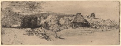 Maisema puita, maatilarakennuksia ja tornia tekijältä Rembrandt van Rijn