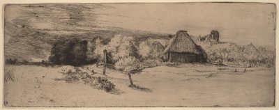 Maisema, jossa on puita, maatilarakennuksia ja torni tekijältä Rembrandt van Rijn