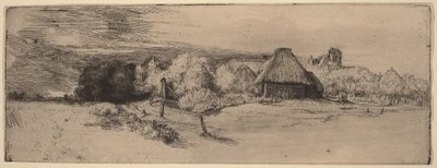 Maisema, jossa on puita, maatilarakennuksia ja torni tekijältä Rembrandt van Rijn