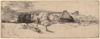 Maisema puita, maatilarakennuksia ja tornia, c. 1651. tekijältä Rembrandt van Rijn