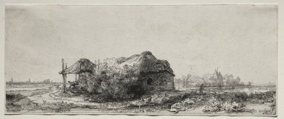Maisema mökillä ja heinänavetta: pitkulainen tekijältä Rembrandt van Rijn