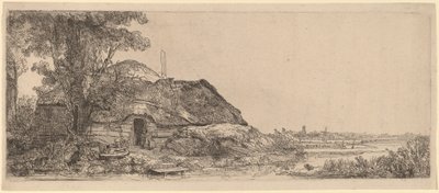 Maisema mökillä ja suurella puulla tekijältä Rembrandt van Rijn
