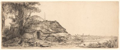 Maisema mökillä ja suurella puulla tekijältä Rembrandt van Rijn