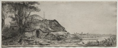 Maisema mökillä ja suurella puulla tekijältä Rembrandt van Rijn
