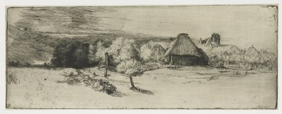 Maisema, jossa on maatilarakennus ja talo tornilla Maisema, jossa on maatilarakennus ja "talo tornilla" tekijältä Rembrandt van Rijn