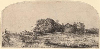 Maisema heinänavetta ja lammaslauma tekijältä Rembrandt van Rijn