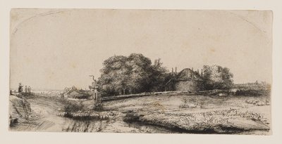Maisema, jossa on heinävarasto ja lammaslauma tekijältä Rembrandt van Rijn