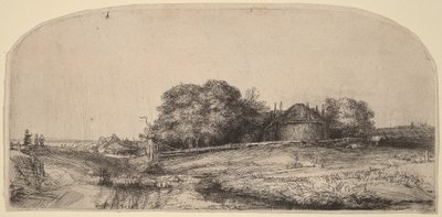 Maisema, jossa on heinävarasto ja lammaslauma tekijältä Rembrandt van Rijn