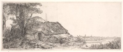 Maisema mökillä ja isolla puulla tekijältä Rembrandt van Rijn