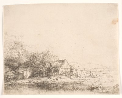 Maisema, jossa lehmä juo tekijältä Rembrandt van Rijn