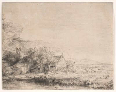 Maisema, jossa lehmä juo tekijältä Rembrandt van Rijn