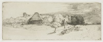 Maisema, jossa näkyy maatilarakennus ja ”tornitalo” tekijältä Rembrandt van Rijn