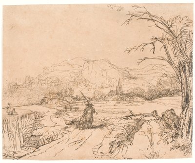Maisema, jossa on urheilija ja koiria tekijältä Rembrandt van Rijn