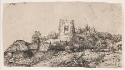 Maisema, jossa on neliönmuotoinen torni tekijältä Rembrandt van Rijn