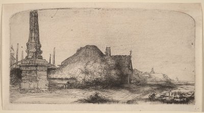 Maisema, jossa on obeliski tekijältä Rembrandt van Rijn