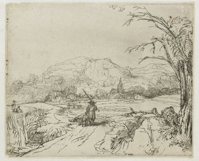 Maisema, jossa on urheilija ja koiria tekijältä Rembrandt van Rijn