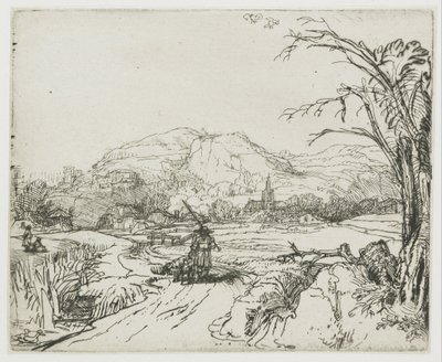 Maisema, jossa on urheilija ja koiria tekijältä Rembrandt van Rijn
