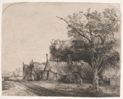 Maisema, jossa kolme harjakattoista mökkiä tien varrella tekijältä Rembrandt van Rijn