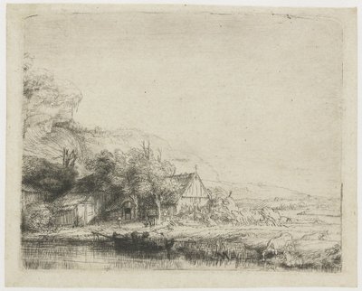 Maisema, jossa lehmä juo tekijältä Rembrandt van Rijn