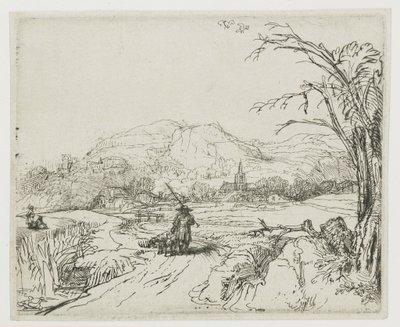 Maisema, jossa on lammaspaimen ja koiria (”Pikku metsästäjä”) tekijältä Rembrandt van Rijn