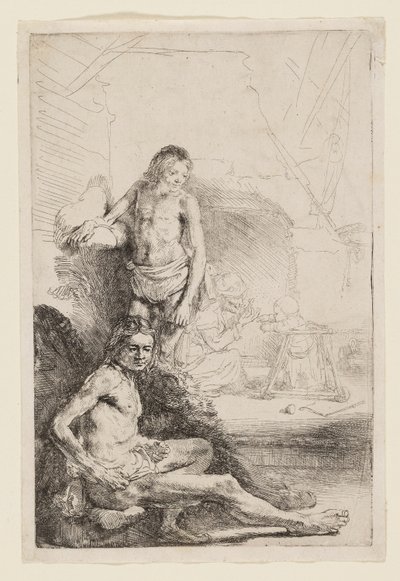 Mies alaston istuva ja seisova tekijältä Rembrandt van Rijn