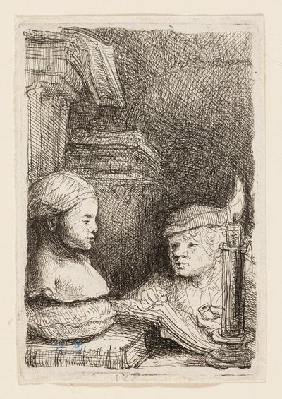 Mies piirtää valusta tekijältä Rembrandt van Rijn