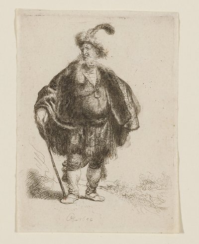 Mies seisomassa, itämaisessa asussa ja höyhenkoristellussa turkislakissa tekijältä Rembrandt van Rijn