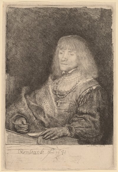 Mies työpöydän ääressä ristiä ja ketjua yllään tekijältä Rembrandt van Rijn