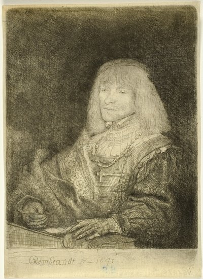 Mies työpöydän ääressä ristiä ja ketjua yllään tekijältä Rembrandt van Rijn