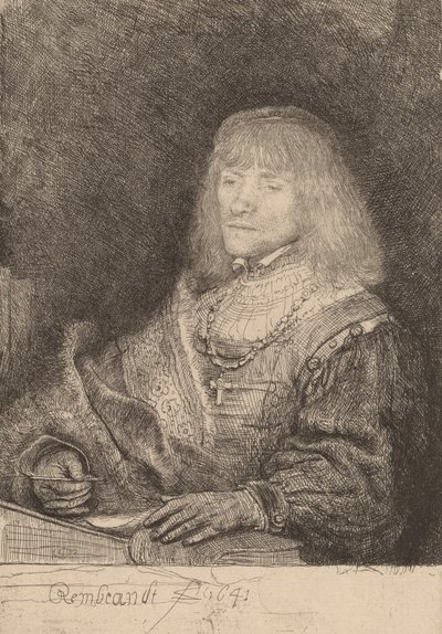 Mies pöydän ääressä ristillä ja ketjulla, 1641. tekijältä Rembrandt van Rijn