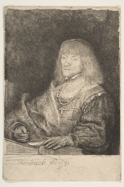 Mies pöydän ääressä ristillä ja ketjulla, 1641. tekijältä Rembrandt van Rijn
