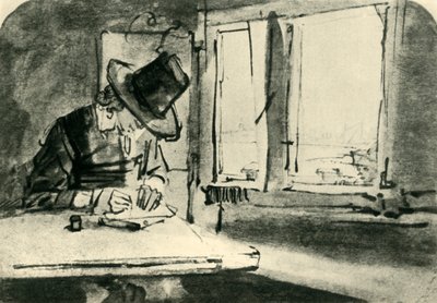 Mies piirtää ikkunaan, 1600-luvun puoliväli, 1943. tekijältä Rembrandt van Rijn