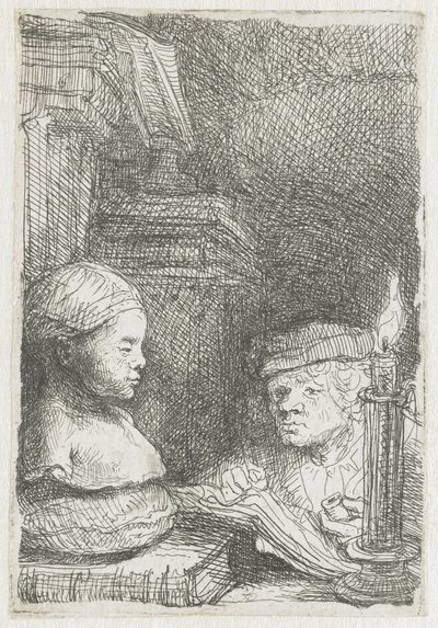 Mies piirtää valusta tekijältä Rembrandt van Rijn