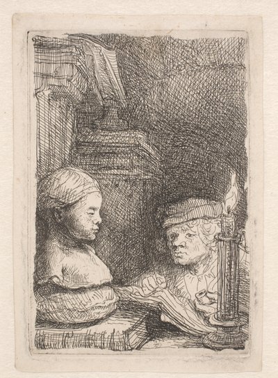 Mies piirtämässä kipsivaloksen pohjalta tekijältä Rembrandt van Rijn