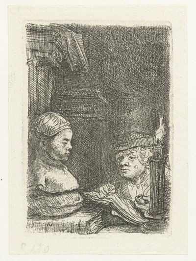 Mies piirtämässä kipsivaloksen pohjalta tekijältä Rembrandt van Rijn
