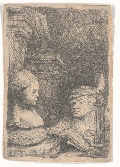 Mies piirtää valusta tekijältä Rembrandt van Rijn