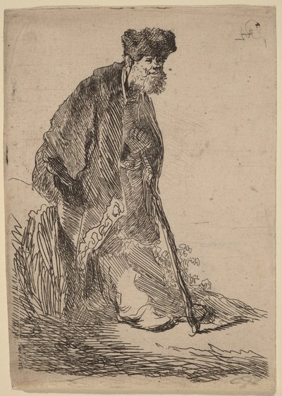 Takkia ja turkislakkia käyttävä mies nojaa pankkia vasten tekijältä Rembrandt van Rijn