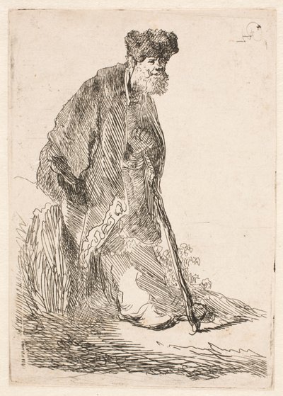 Viitta ja turkislakki päällään oleva mies nojaa penkkiä vasten tekijältä Rembrandt van Rijn