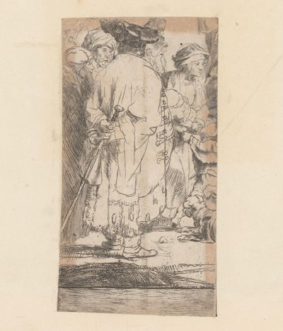 Mies viittassa, takaa katsottuna Sata Gulden-kuvaa tekijältä Rembrandt van Rijn