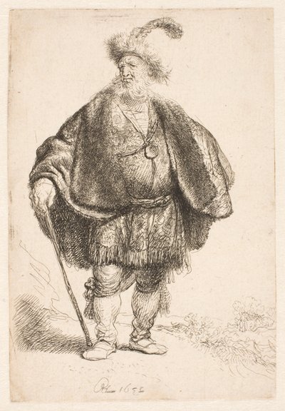 Mies, joka seisoo itämaisessa asussa ja höyhenkoristellussa turkislakissa tekijältä Rembrandt van Rijn