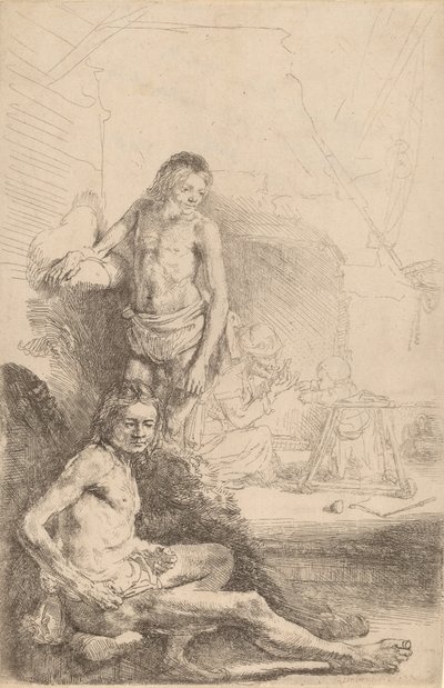 Alaston mies istuu ja alaston mies seisomassa, nainen ja vauva taustalla, c. 1646. tekijältä Rembrandt van Rijn