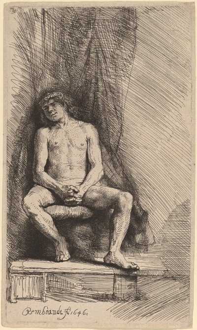 Alaston mies istuu verhon edessä tekijältä Rembrandt van Rijn